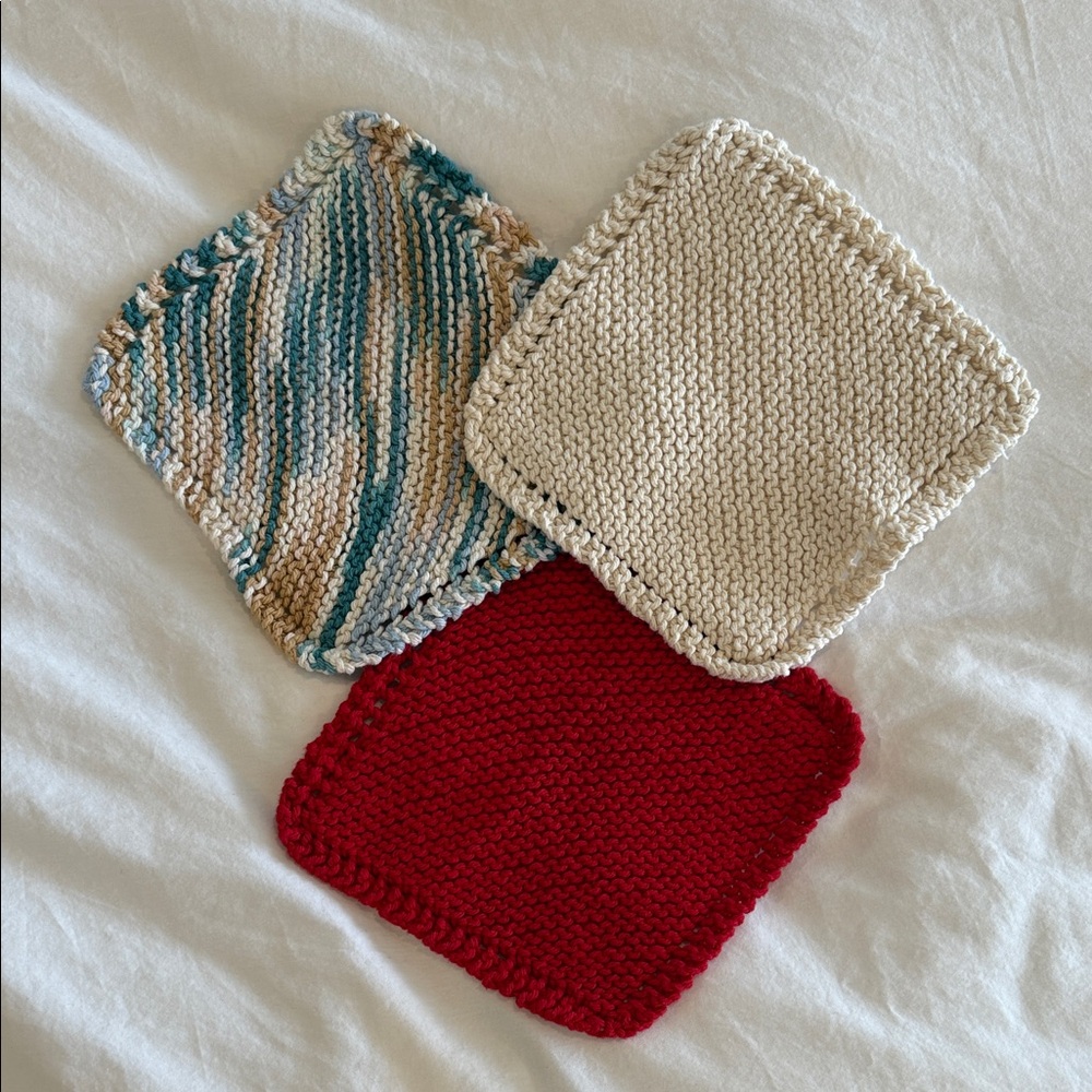Handcrafted Knitted Dishcloth Trio in Red, Cream, and Multicolor